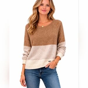 Abercrombie & Fitch Tan and Cream Color Block Boat Neck Sweater Size M